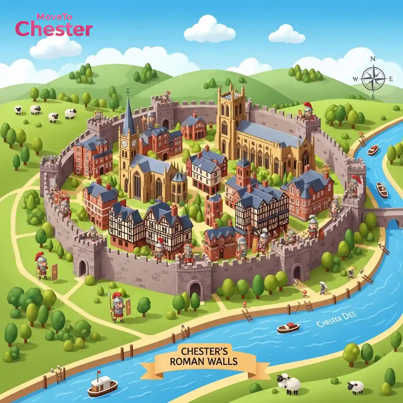Historic Chester showing Roman walls, medieval Rows, and cathedral